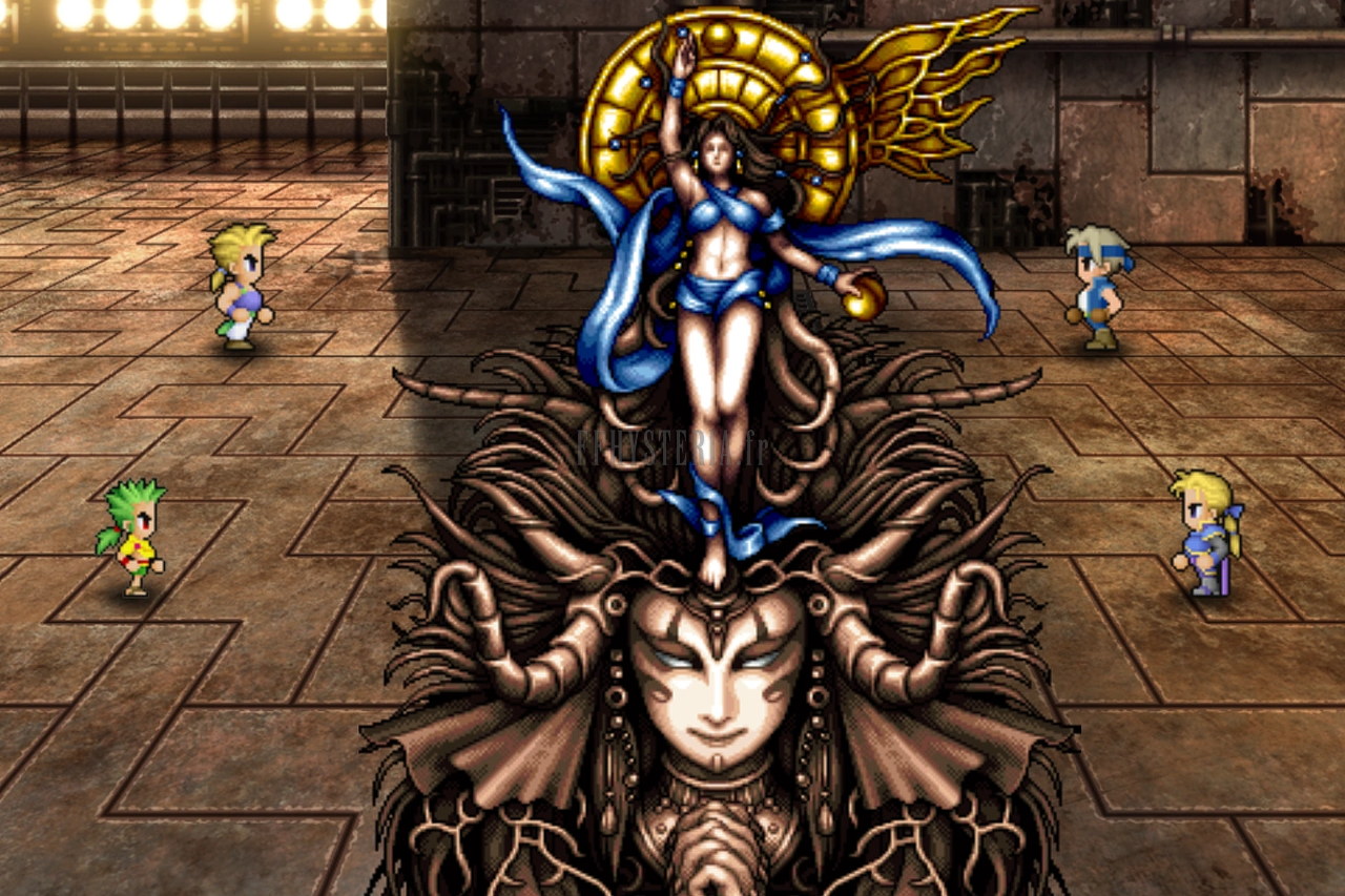 Combat contre la Déesse, perchée au-dessus d’un visage géant, le groupe réparti autour d’elle (version mobile/PC)