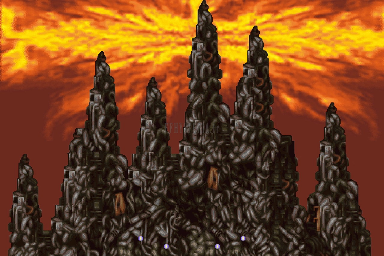 Les aiguilles rocheuses du sommet de la Tour de Kefka sur un ciel de feu (version mobile/PC)