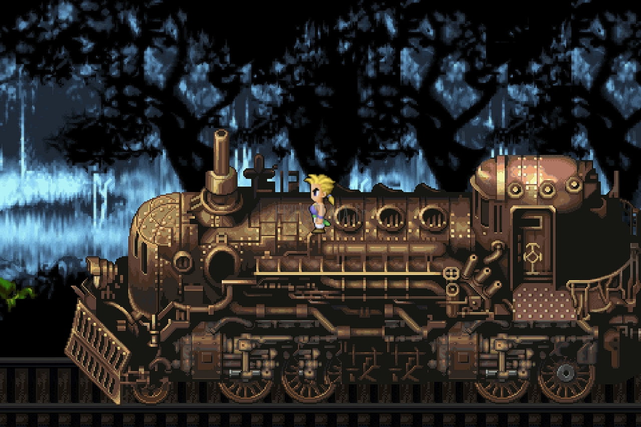 La locomotive du Train fantôme à quai, dans une forêt sombre et pluvieuse (version mobile/PC 2014)
