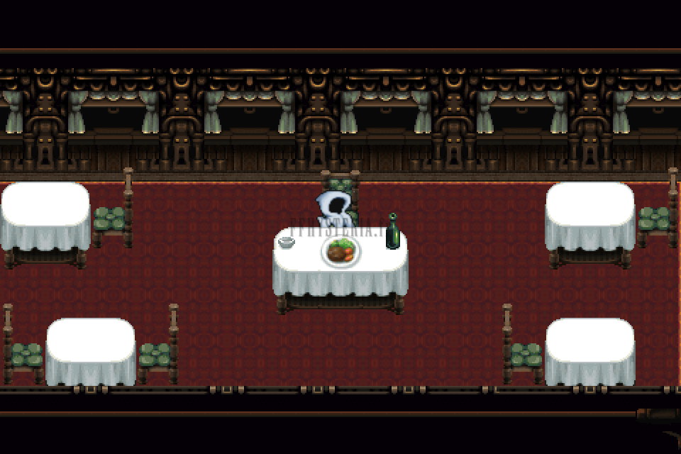Le wagon-restaurant du Train fantôme, ses tables nappées et un fantôme serveur (version mobile/PC 2014)
