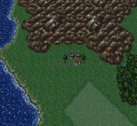 Tzen sur la mappemonde, au pied des montagnes et près de la côte (version SNES)
