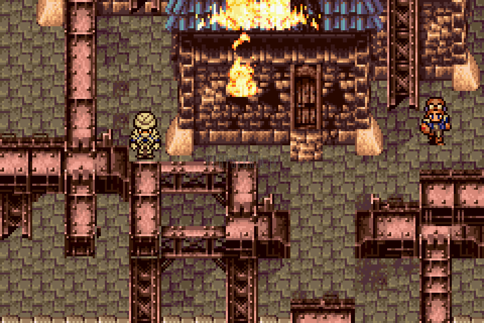 Vector en flammes après le passage des chimères : conduits rouillés et maisons qui brûlent (version GBA)