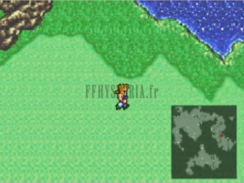 Le Veldt, immense plaine verte bordée de mer au nord, un personnage au centre et la minicarte en bas à droite (version GBA)