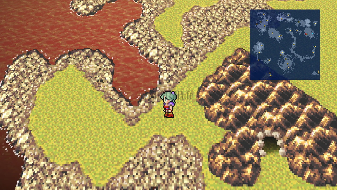 Le Veldt dans le Monde en Ruines : plaine jaune piquée de rochers bruns, un personnage au bord de la mer rouge (Pixel Remaster)