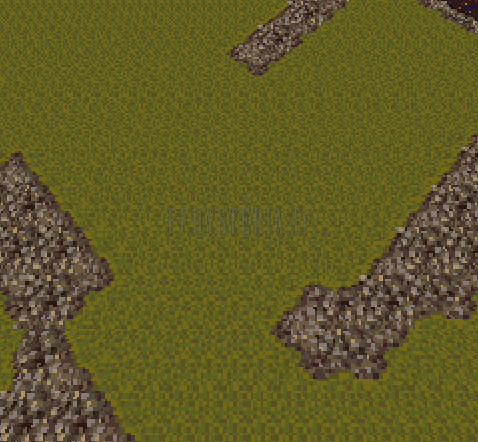 Le Veldt dans le Monde en Ruines : plaine olivâtre bordée de rochers (version SNES)