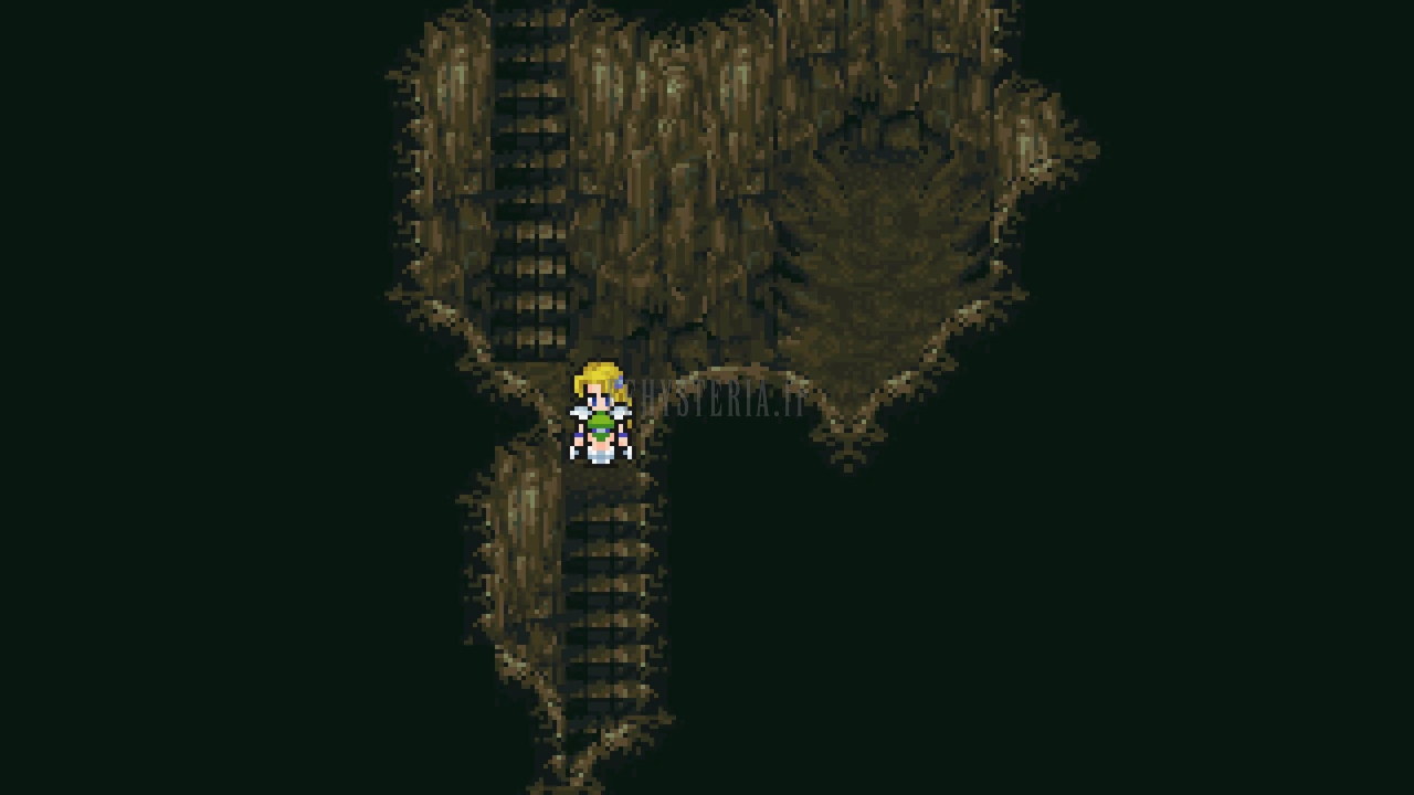 La salle d’arrivée dans le ventre du Glouton : parois de roche brune et escaliers en haut et en bas (Pixel Remaster)