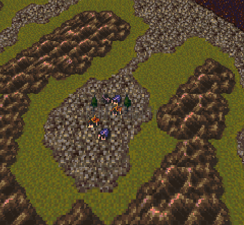 Zozo sur la mappemonde des ruines : relief rocheux et plaine olivâtre autour d’une ville minuscule (version SNES)