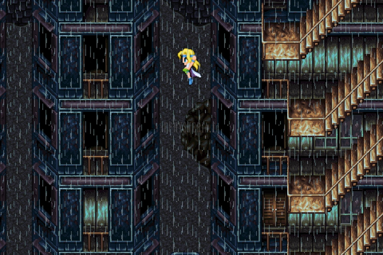 Zozo sous la pluie : un personnage saute d’un immeuble à l’autre pour contourner l’escalier bloqué (version mobile/PC 2014)