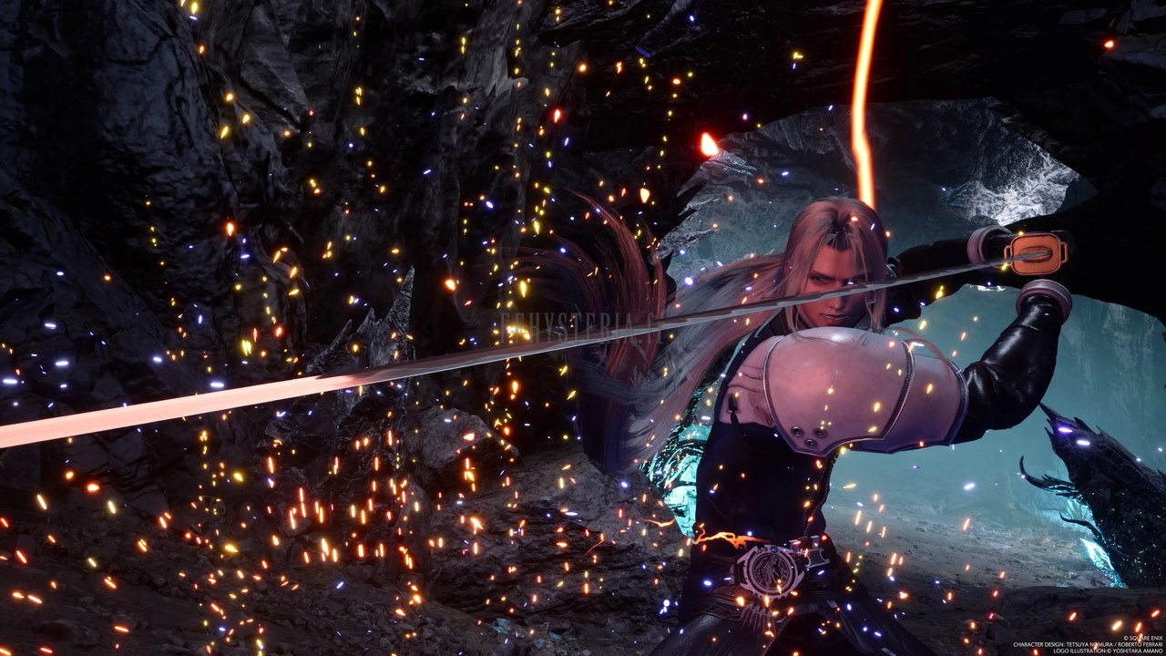 Un bretteur aux longs cheveux clairs déploie un sabre démesuré dans une gerbe d'étincelles, au fond d'une caverne de Final Fantasy VII Rebirth, l'épisode précédent : chaque personnage jouable a ses propres animations et sa propre gestuelle, l'argument technique qu'Hamaguchi oppose aux vingt jobs de Final Fantasy V.