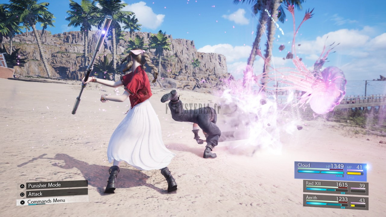 Aerith et Cloud enchaînent une manœuvre de synergie sur une plage, les jauges des trois équipiers affichées à droite, dans Final Fantasy VII Rebirth, l'épisode précédent : on ne mène jamais que trois personnages à la fois, d'où l'intérêt de pouvoir tous les configurer.