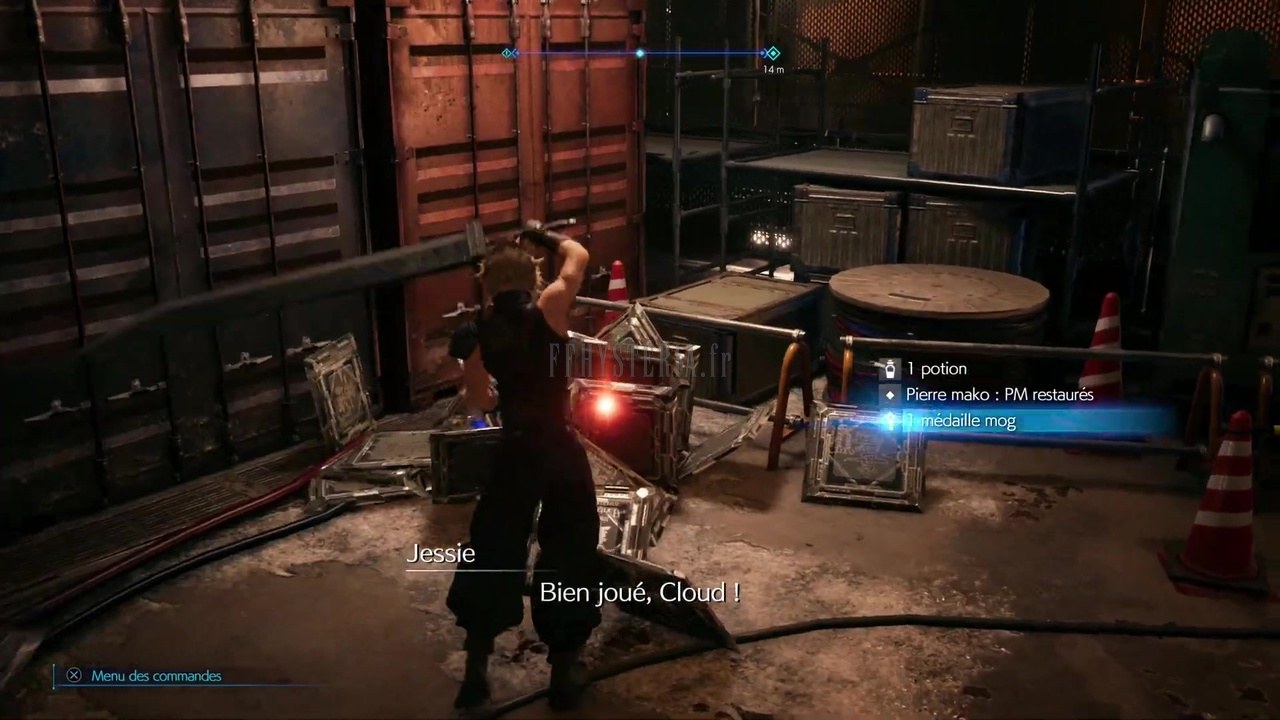 Une caisse de la Shinra brisée dans un local du réacteur n°1 : une potion, une pierre mako et une médaille mog, sous les encouragements de Jessie.