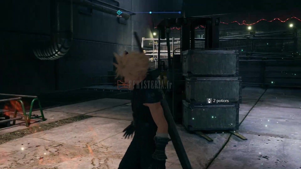 Un coffre de deux potions entre les caisses de la Shinra, sur le chemin du réacteur n°1.