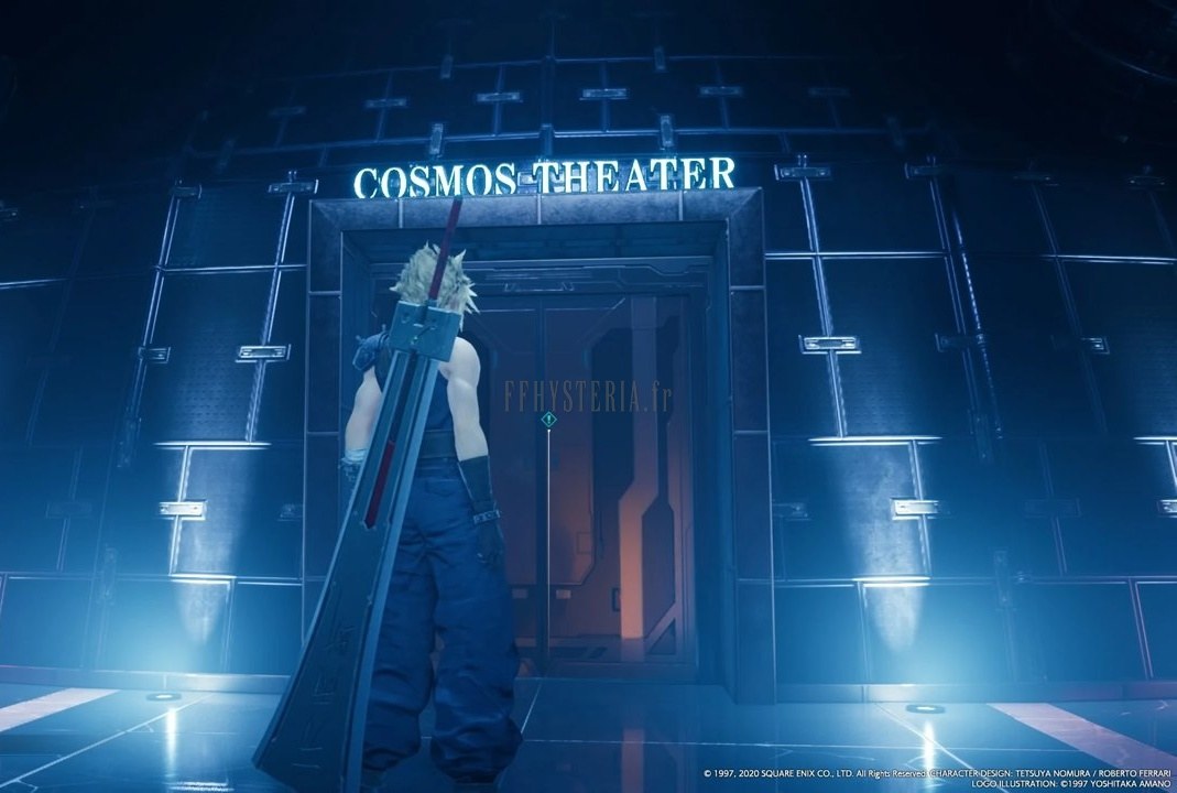 La porte au néon « Cosmos Theater », encastrée dans une paroi de plaques d'acier bleutées, devant laquelle Cloud s'arrête.
