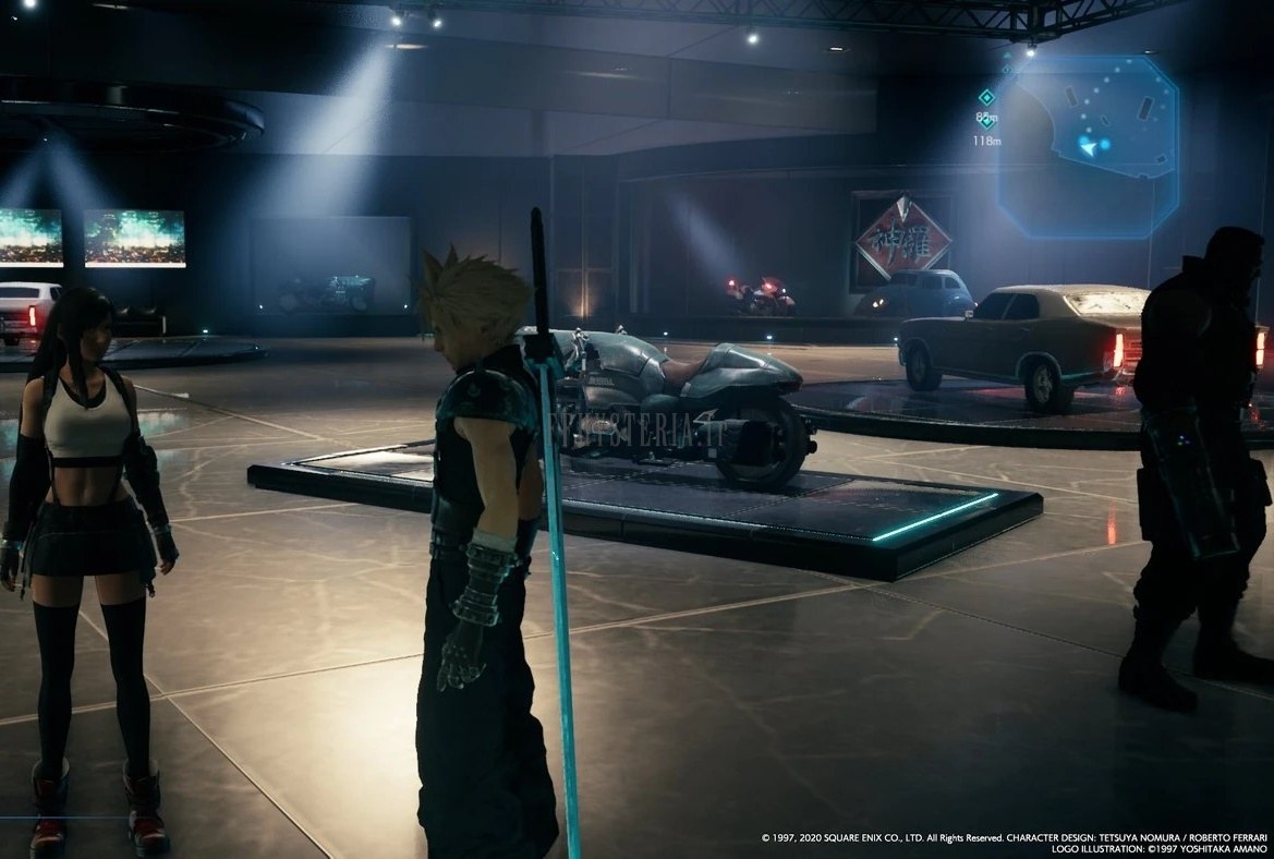 Cloud et Tifa dans le hall d'exposition des véhicules, gardes en faction : le passage obligé de l'évasion.