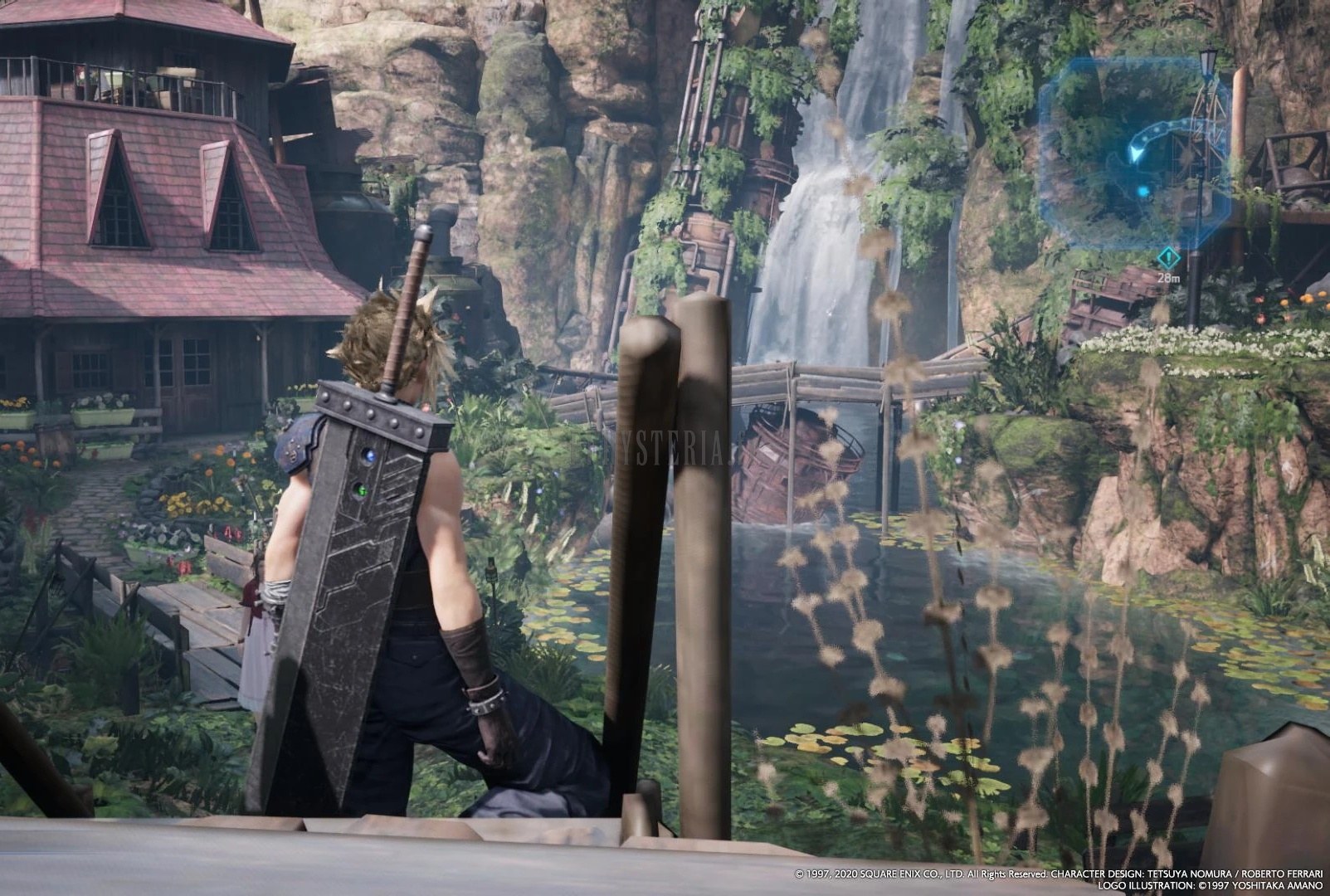 Cloud dans le jardin de la maison d'Aerith : bassin, cascades et parterres, une parenthèse verte au fond des taudis du secteur 5.