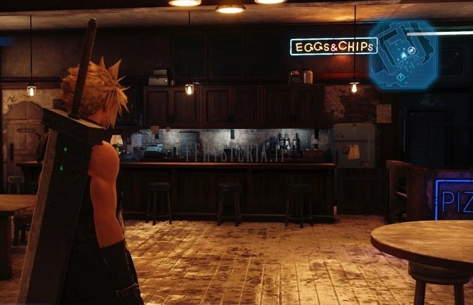 L'intérieur du Septième Ciel : comptoir, tabourets, tables de bois et néon « Eggs & Chips », pendant que le juke-box joue le thème de Tifa.
