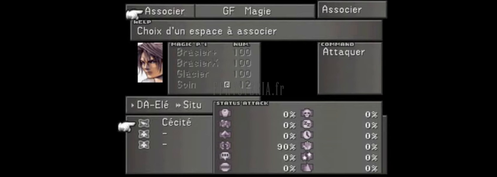 L'écran d'Atq-Mtl : Cécité associée à l'attaque mentale, chaque coup a 90 % de chances d'infliger Cécité