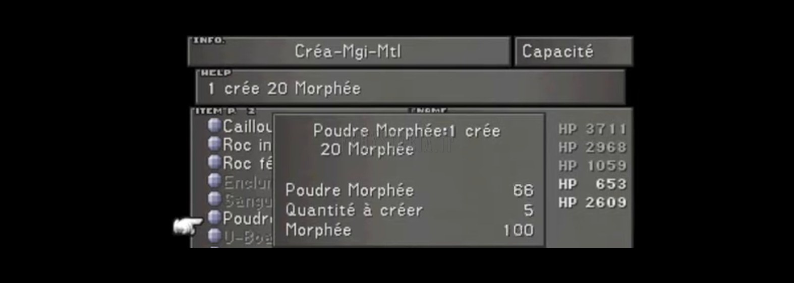 Créa-Mgi-Mtl change de la Poudre Morphée en sorts : le stock de Morphée s'arrête à 100, le plafond de chaque magie