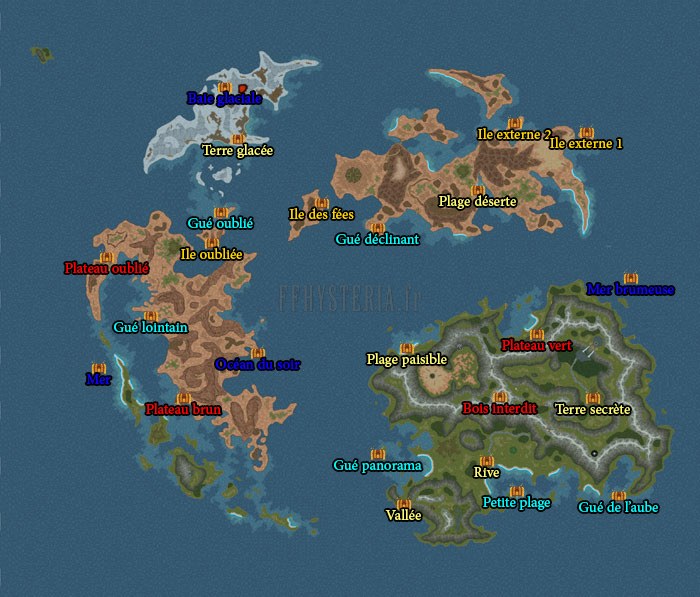 Carte des Chocographes : les vingt-quatre sites de fouille sur les quatre continents, chacun marqué d'un coffre et nommé — Rive, Plage paisible, Gué de l'aube, Ile des fées, Baie glaciale, Plateau brun…