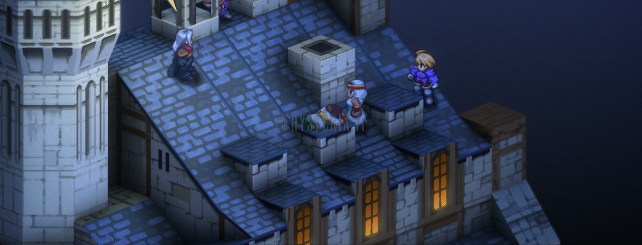 Le toit du château de Riofanès, de nuit, quelques personnages entre les cheminées (version optimale)