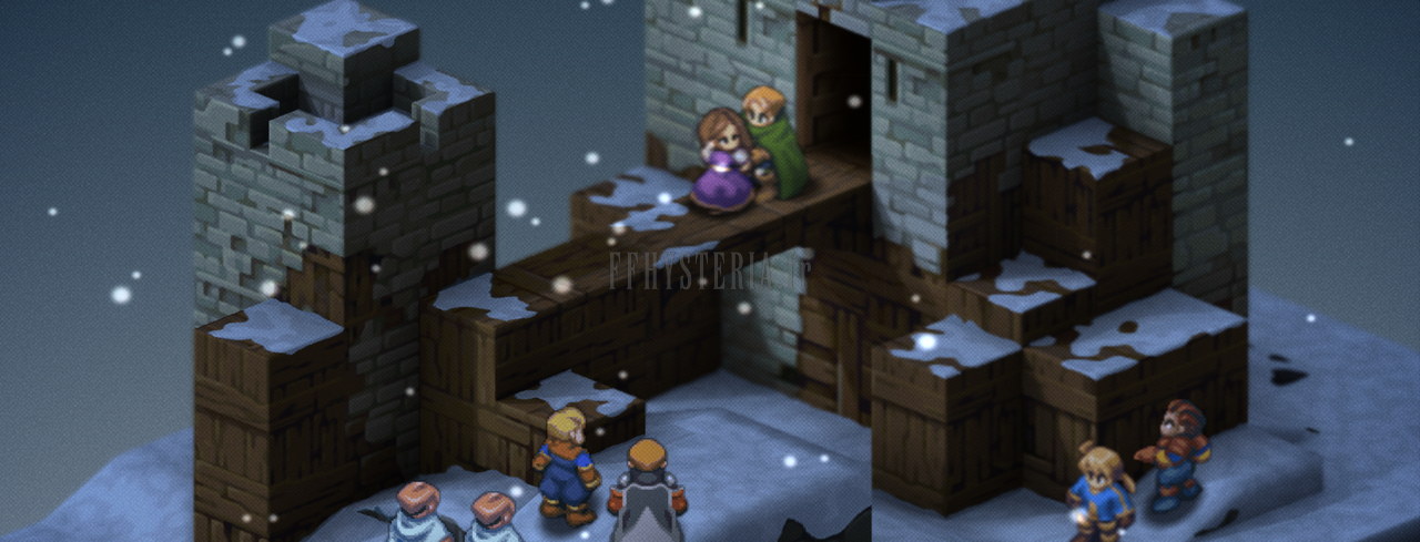 La Forteresse de Ziekden sous la neige : des personnages sur la passerelle et d'autres au pied des remparts (version optimale)