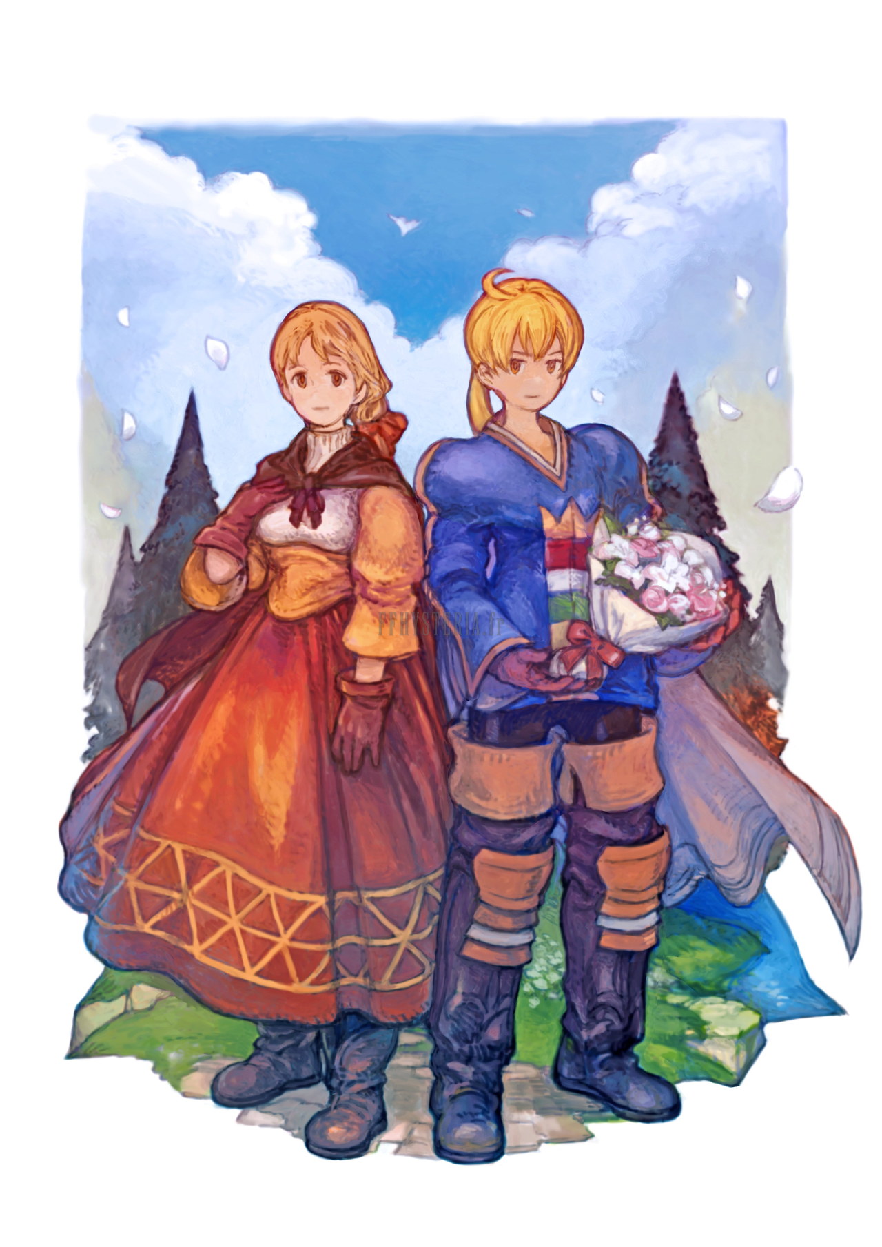 Un jeune homme blond en tunique bleue et une jeune femme en robe rouge devant des sapins, un bouquet de fleurs à la main