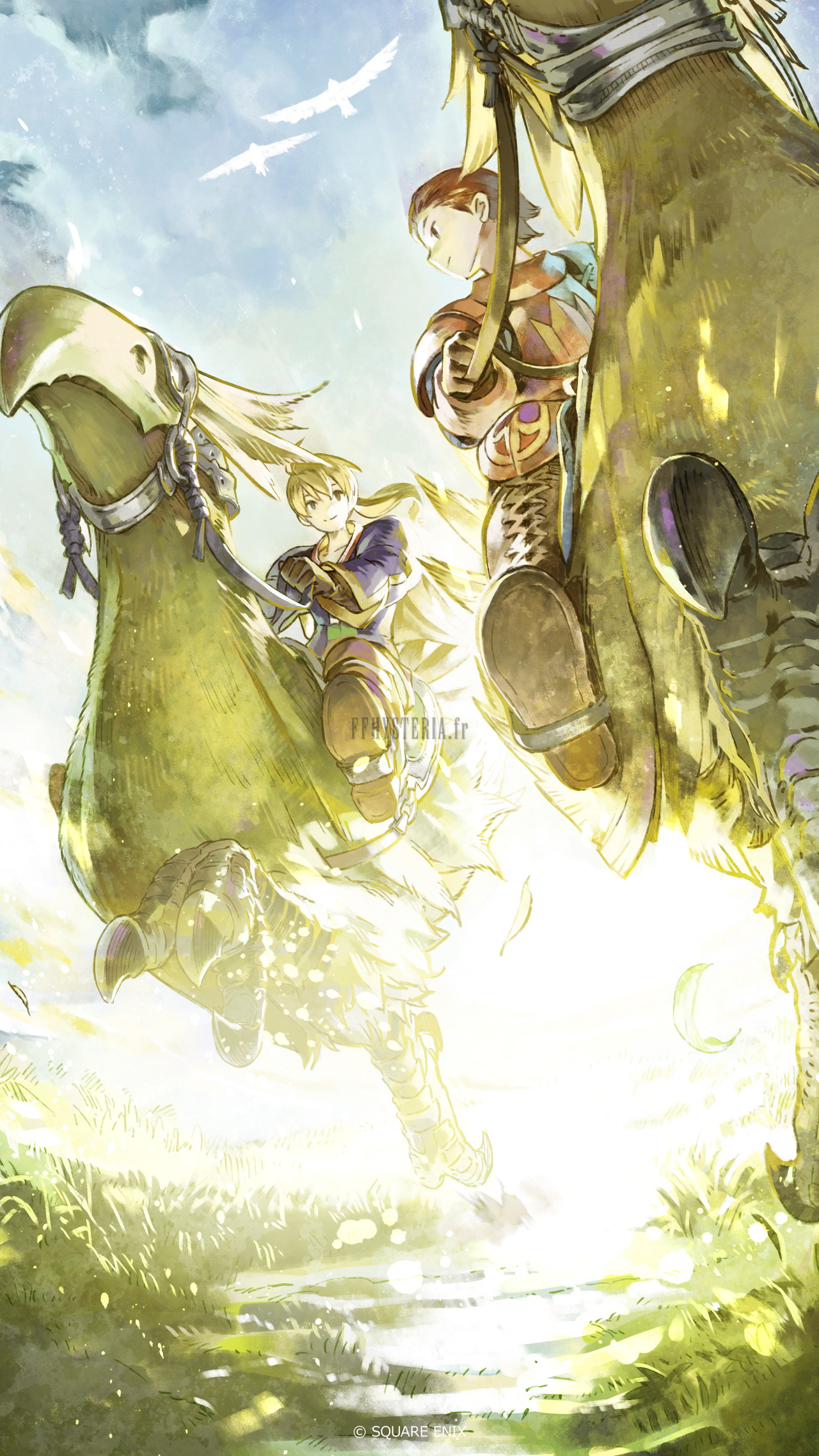 Un chevalier à dos de chocobo surgit d’une lumière verte, illustration verticale