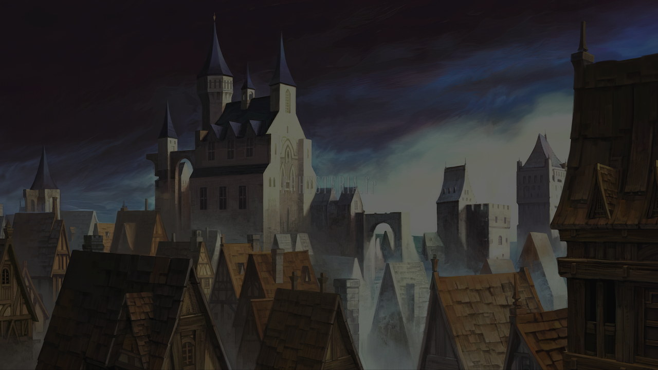 Les tours d’un château et les toits d’une ville sous un ciel nocturne