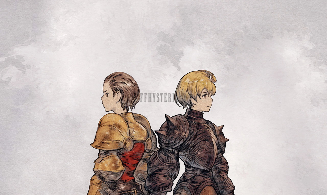 Ramza et Delita dos à dos sur fond de papier gris, visuel clé de The Ivalice Chronicles