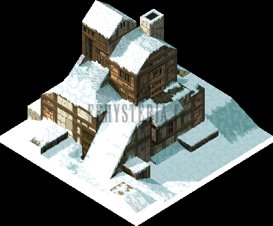 Version PlayStation : la grande maison de Gollund, toits couverts de neige et cheminées