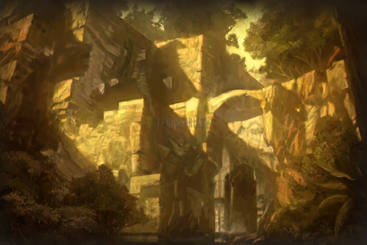 Les Donjons sans fond, illustration de The Ivalice Chronicles : ruines et arbres dans une lumière dorée