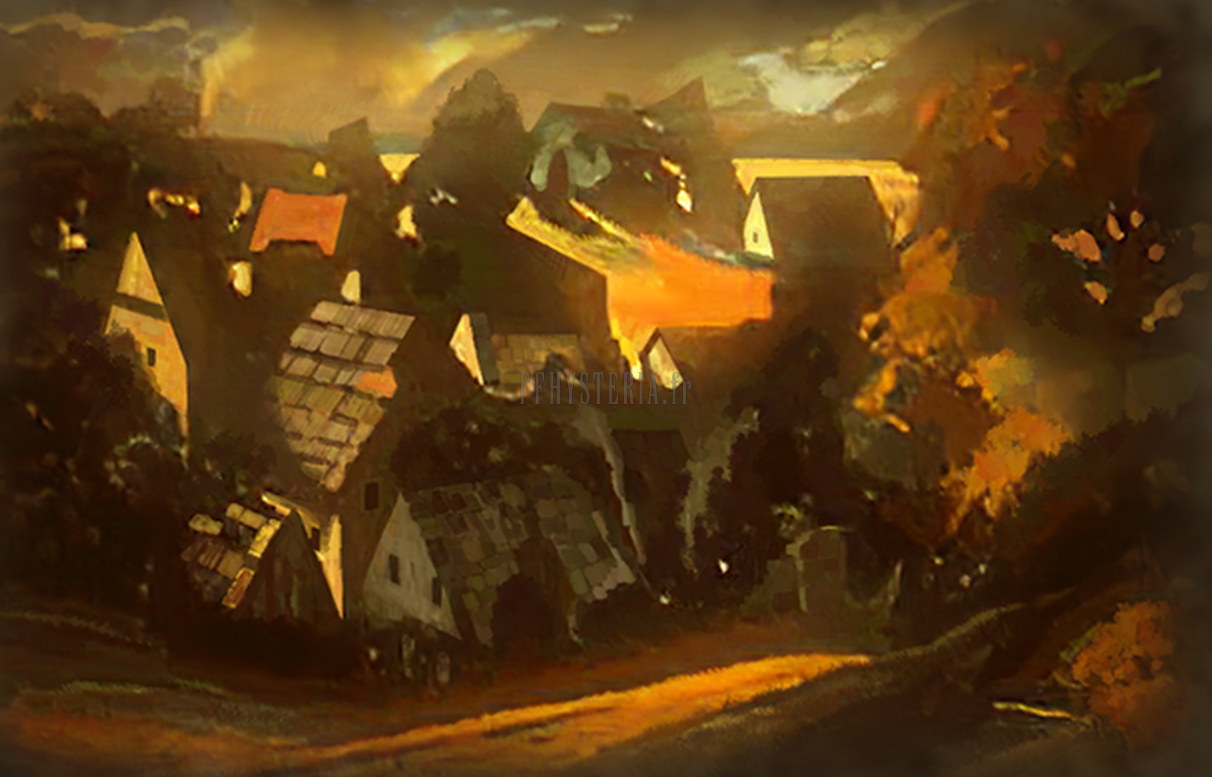 Les toits de la Cité magique de Gariland au crépuscule, illustration de la version optimale