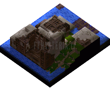 L'Antre des brigands sous un autre angle : le repaire bâti sur une jetée, cerné par l'eau (rendu des versions PlayStation)