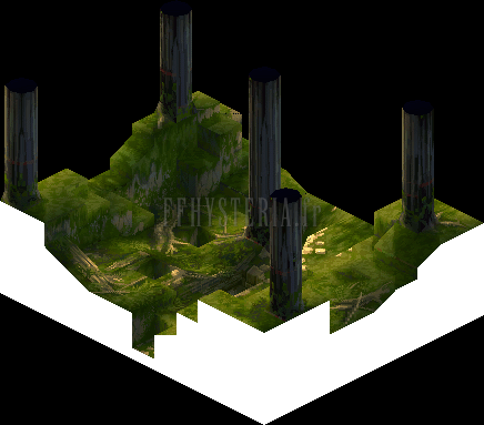Plan de la Forêt d'Arag-aï : troncs géants et sol en pente (rendu des versions PlayStation)