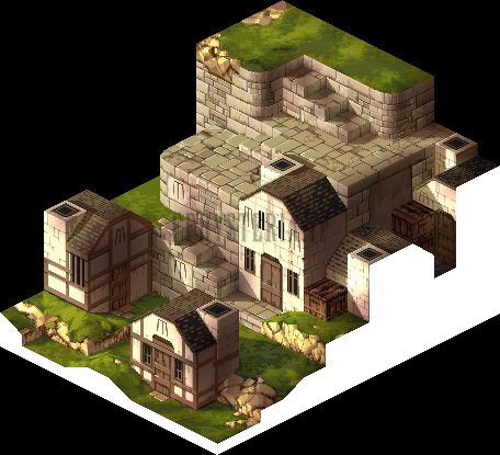 Version PlayStation : Belvénia, maisons de pierre étagées sur la colline, terrasses et cheminées
