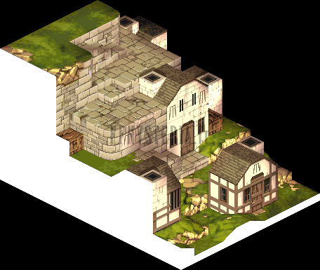 Version PlayStation : Belvénia vue d'en bas, maisons à colombages et escaliers