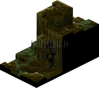 Cinquième niveau : un haut pic de roche au-dessus d'un filet d'eau, rendu de la version PlayStation, où ce niveau s'appelait MLAPAN