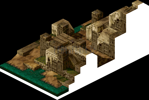 Plan des bas quartiers de Dorter : masures en bois et canal (rendu des versions PlayStation)