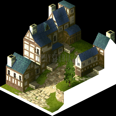 Plan de la Cité marchande de Dorter : rues pavées et maisons aux toits bleus (rendu des versions PlayStation)