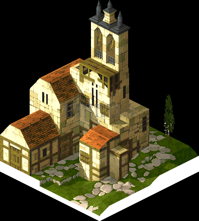 Version PlayStation : l'Église isolée, clocher de pierre et toits orangés sur une butte herbeuse
