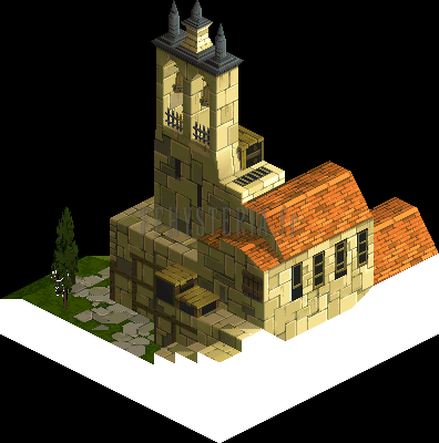 Version PlayStation : l'église vue de l'arrière, escaliers et murets autour du clocher