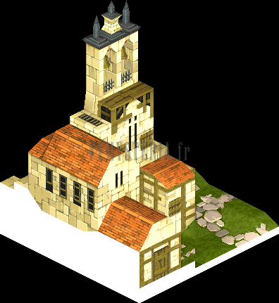 Version PlayStation : l'église et ses toits orangés, le clocher au-dessus du porche