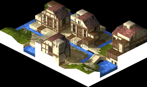 Le même quartier vu sous un autre angle : maisons, ponts et canaux (rendu des versions PlayStation)