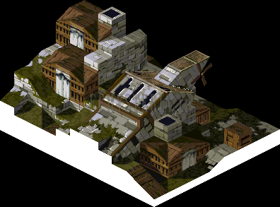 Plan des Bas quartiers de Goug : toits, cheminées et ruelles (rendu des versions PlayStation)