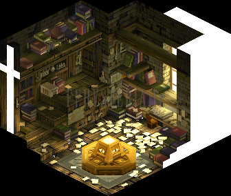 L'atelier de Besrodio à Goug, encombré de livres et de papiers : rendu de la version PlayStation