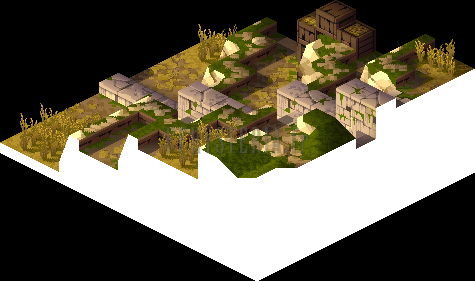 Version PlayStation : flanc des Collines de Grogh, terrasses herbeuses et blocs de pierre