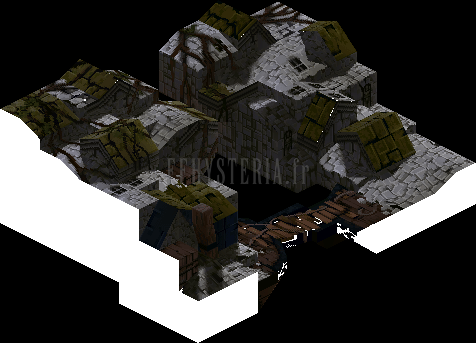 Version PlayStation : Lost Halidom, autre angle sur les ruines et le pont de bois