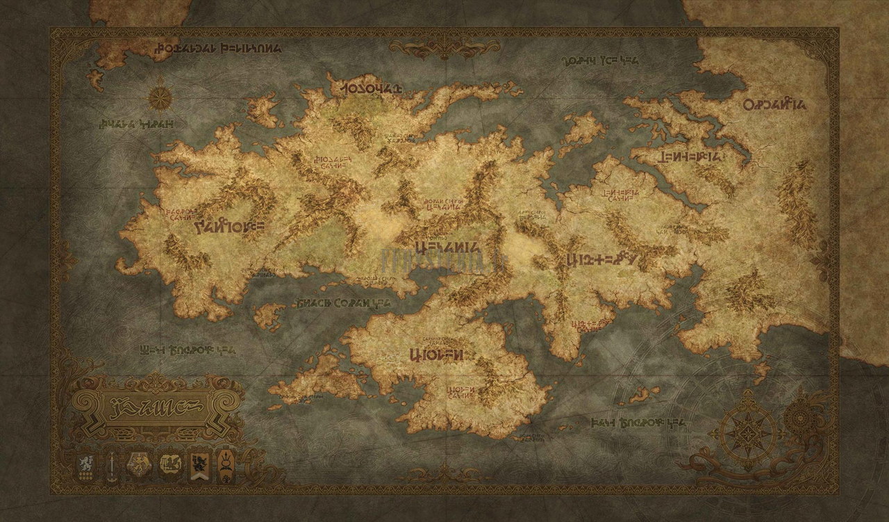 Carte d’Ivalice de The Ivalice Chronicles sur parchemin : Gallionne à l’ouest, Lionel au sud, Limberry et Zeltennia à l’est, Oldaria au bord droit