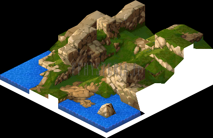 Plan du Plateau de Lenalia : rochers, herbe et bras d'eau (rendu des versions PlayStation)