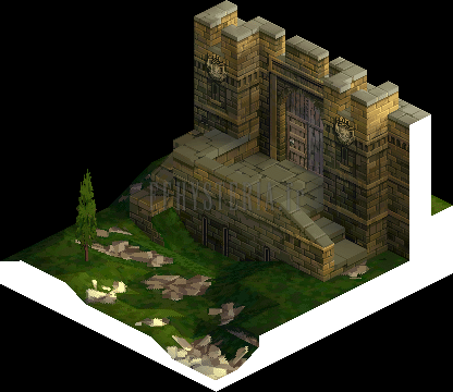 Version PlayStation : la poterne de Lesalia, porte fortifiée en pierre ocre au-dessus d'un pré semé de dalles